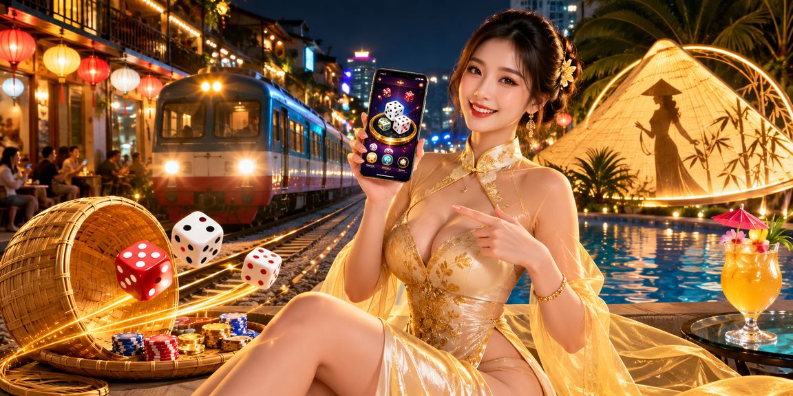 Người phụ nữ mặc áo dài Hà Nội tham gia trò chơi tài xỉu với xúc xắc trong không gian truyền thống