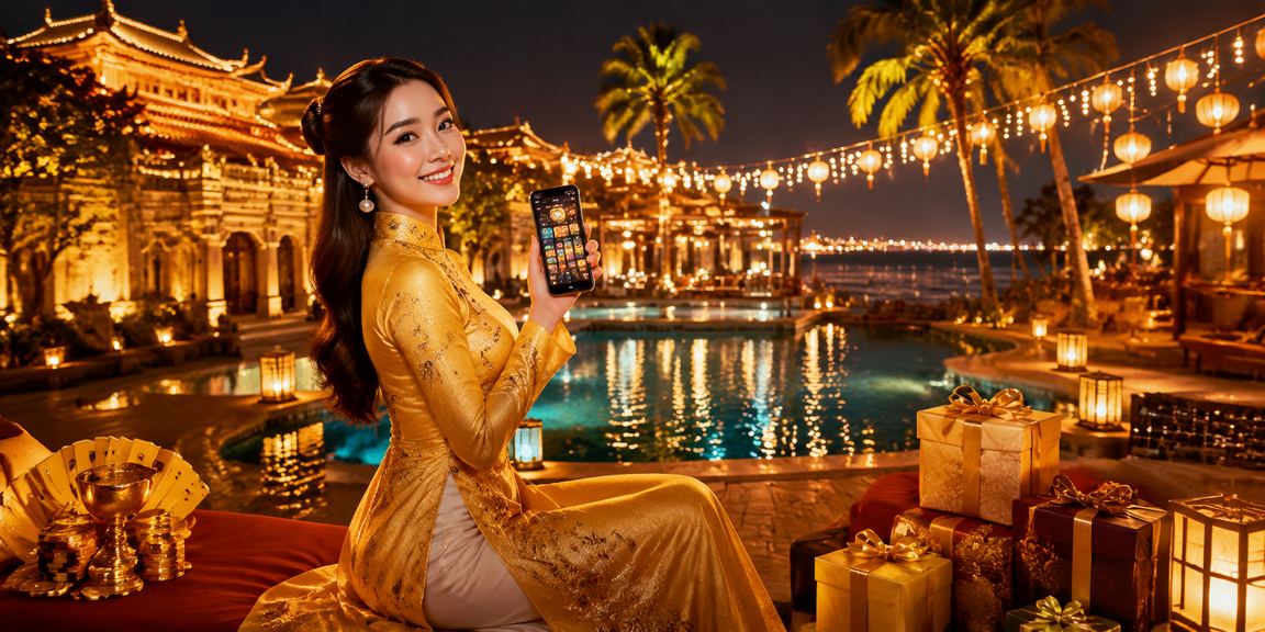 Người phụ nữ mặc áo dài Huế sử dụng ứng dụng casino trên điện thoại trong không gian cổ điển